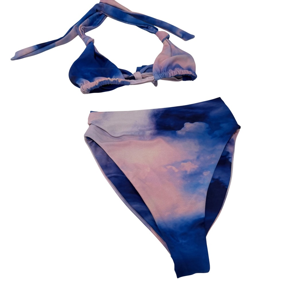 Skatie‎ Blue Pink Cloud Tie Dye Bikini Set High Waisted Halter Triangle Small